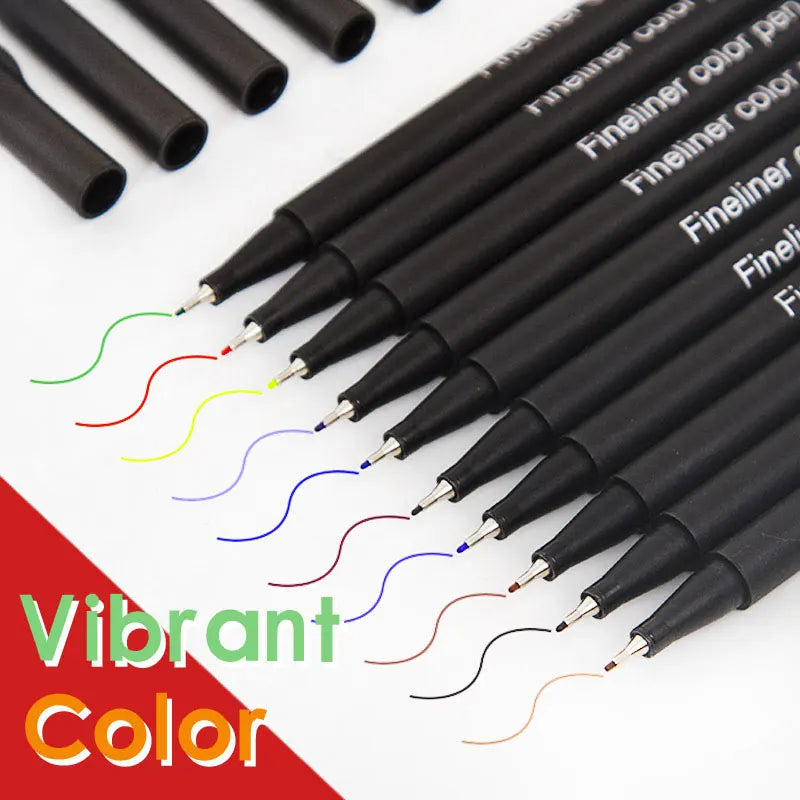 A set of black fine line marker pens with various colored tips, demonstrating vibrant color options.