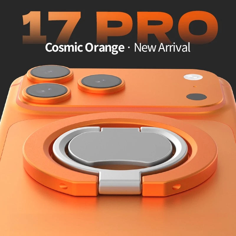 An orange magnetic phone stand with a kickstand is shown on a surface.