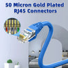 Nahaufnahme von 50-Mikron-vergoldeten RJ45-Steckern und einem blauen Kabelstecker.