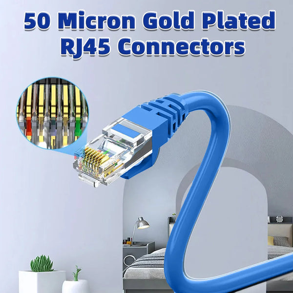 A close-up view of 50 micron gold plated RJ45 connectors and a blue cable connector.