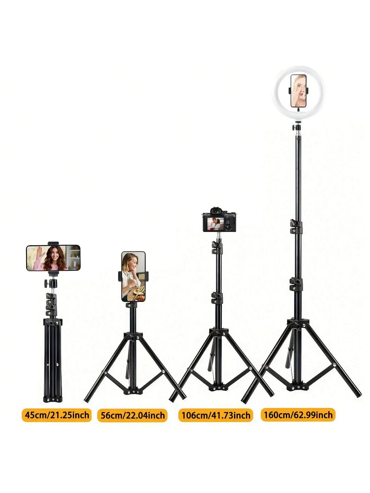 A set of black multifunctional tripods for phones and cameras in various heights.