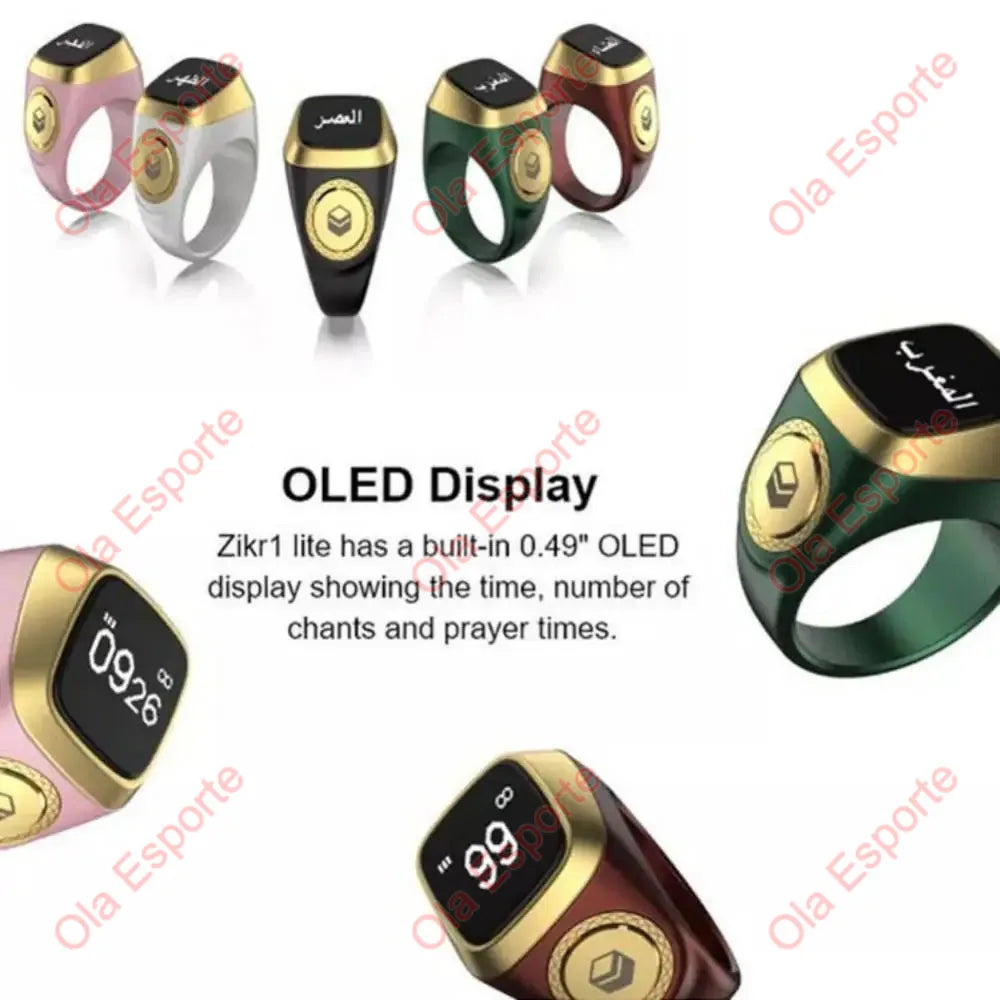 A collection of digital Zikr rings in various colors and angles, showing the OLED display features.