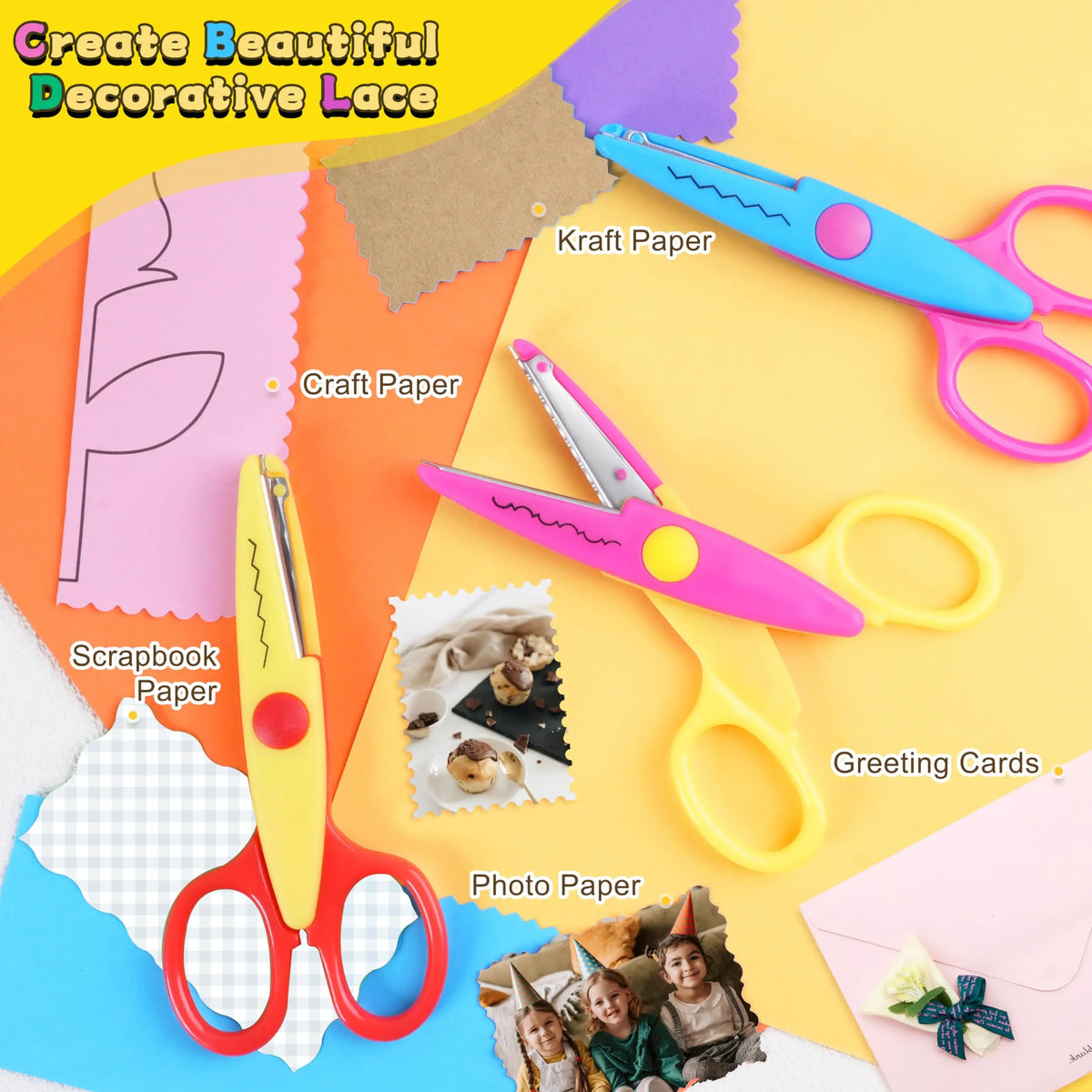 A collection of craft scissors, including pink, yellow, and purple, are displayed with various colored paper and photo materi