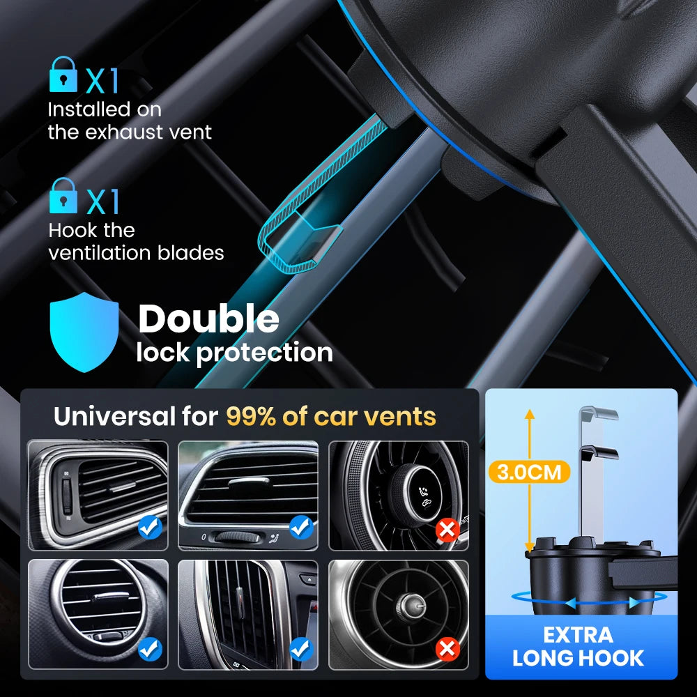 Double lock protection universal hook for car vents with extra long hook