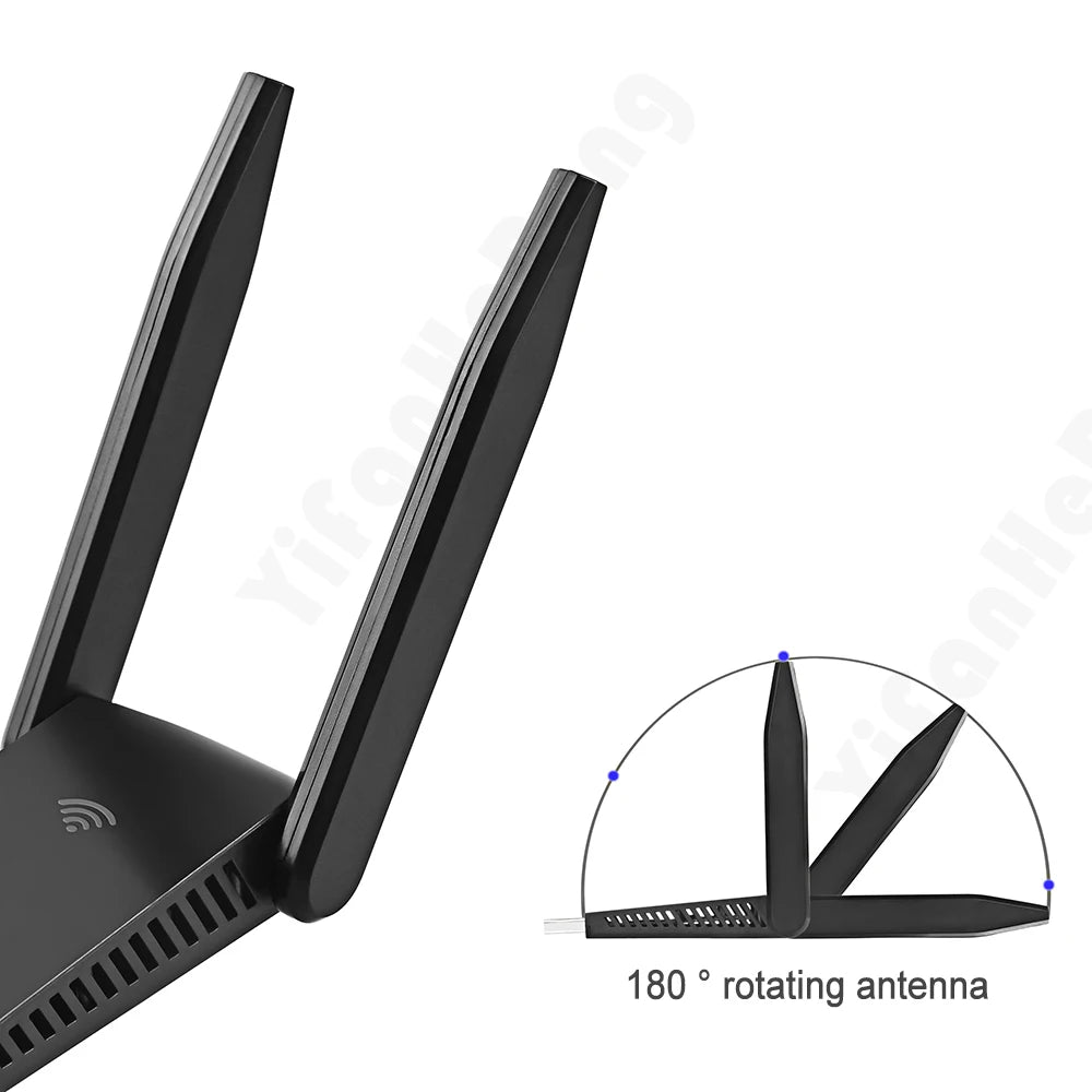 Black high-speed dual-band USB Wi-Fi adapter with an 180 degree rotating antenna.
