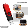 Red and black rotatable USB flash drive with a metal connector shown next to computer, audio equipment, and television set.
