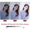 Three views of a blue LED ring light illuminating a woman's face for streaming or photography.