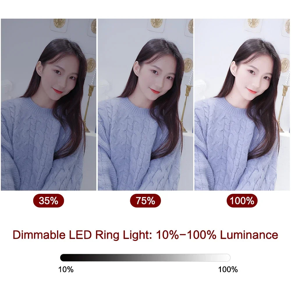 Three views of a blue LED ring light illuminating a woman's face for streaming or photography.