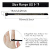 A black reusable ring sizer measuring tool showing the size range US 1-17 and a magnified glass for accurate finger sizing.
