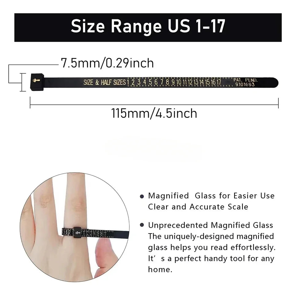 A black reusable ring sizer measuring tool showing the size range US 1-17 and a magnified glass for accurate finger sizing.