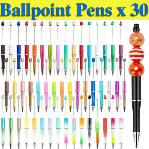 A display of 30 colorful plastic beaded ballpoint pens in various shades and colors.