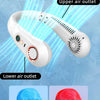A white bladeless portable neck fan is shown with upper and lower air outlets, demonstrating its design.