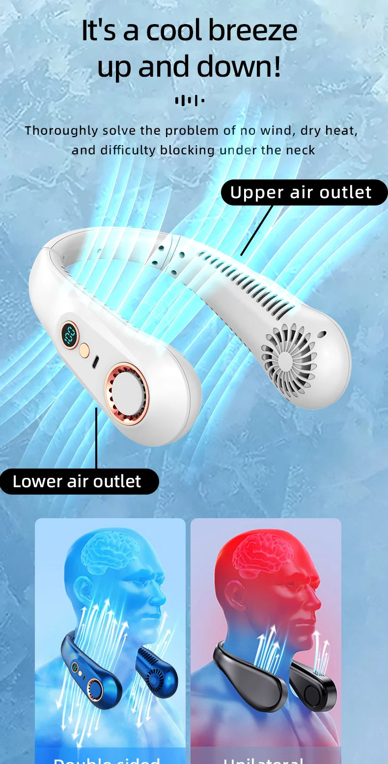 A white bladeless portable neck fan is shown with upper and lower air outlets, demonstrating its design.