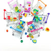 A collection of colorful plastic shopping carts and organizers with various sized balls arranged in a circle.
