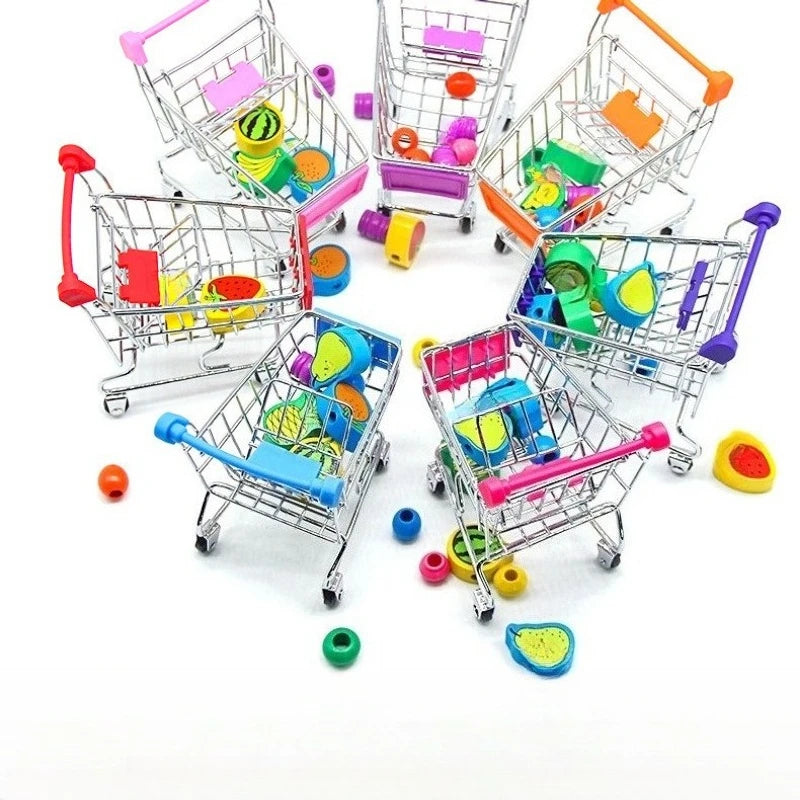 A collection of colorful plastic shopping carts and organizers with various sized balls arranged in a circle.