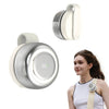 A silver and white portable turbo blade clip-on fan is shown next to a woman wearing it on her shoulder.