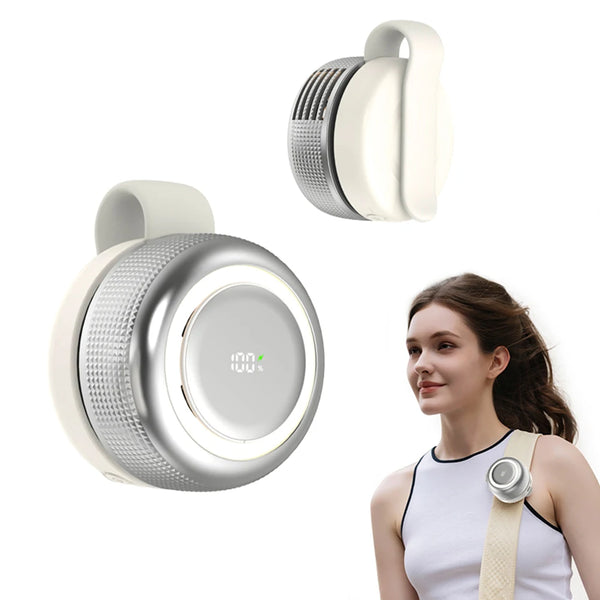 A silver and white portable turbo blade clip-on fan is shown next to a woman wearing it on her shoulder.