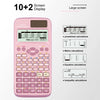 A pink scientific calculator displaying a screen and various function keys.