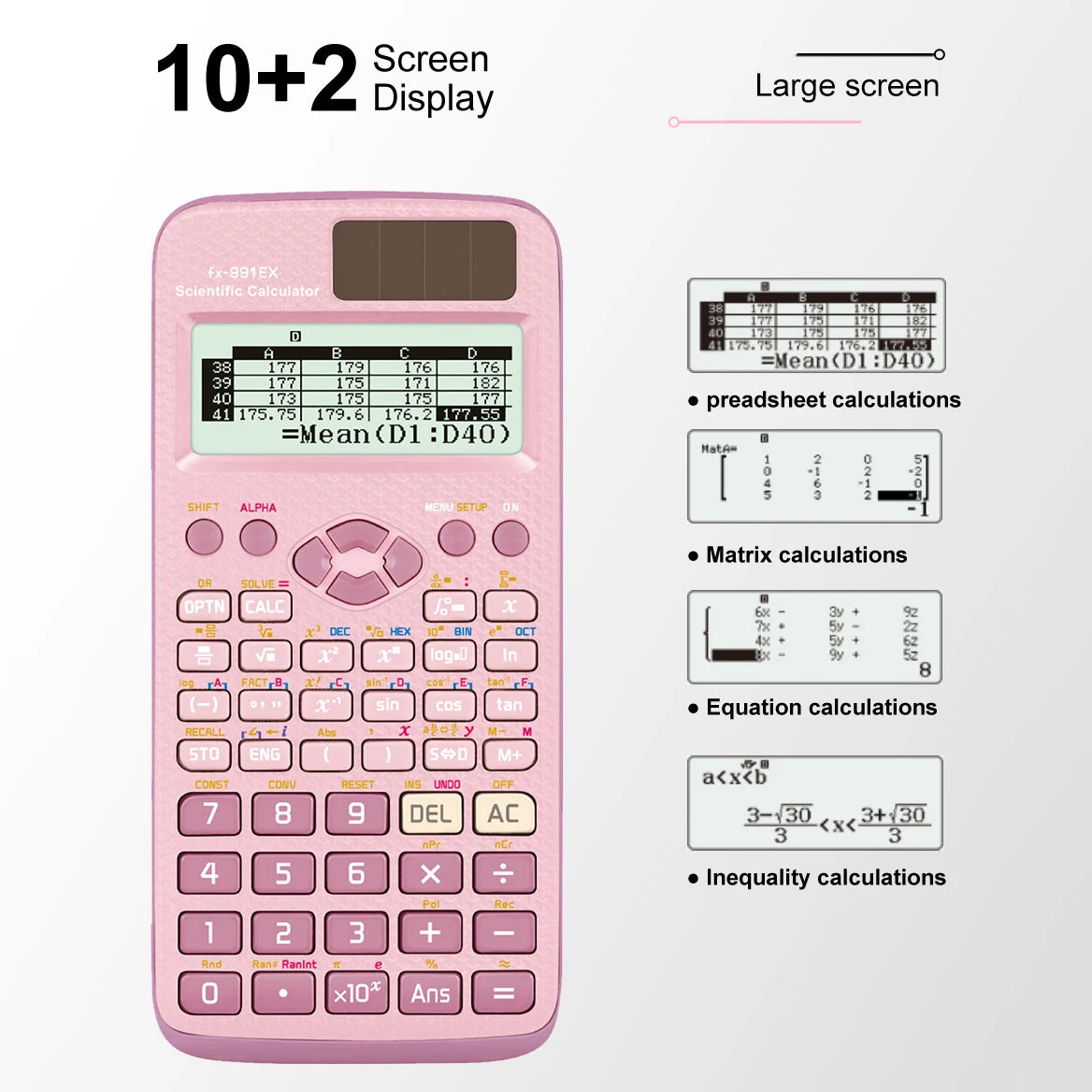 A pink scientific calculator displaying a screen and various function keys.
