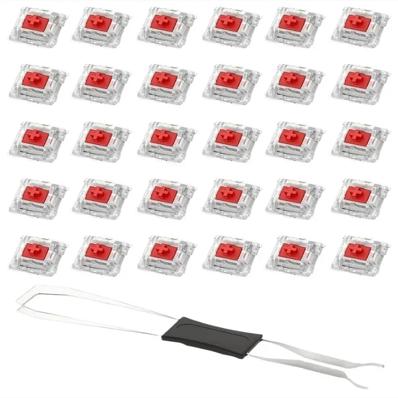 A set of red hot-swappable mechanical keyboard switches and a keycap puller are displayed in a grid format.