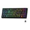 A black mechanical keyboard with colorful glowing circuitry patterns on the keycaps and PCB.