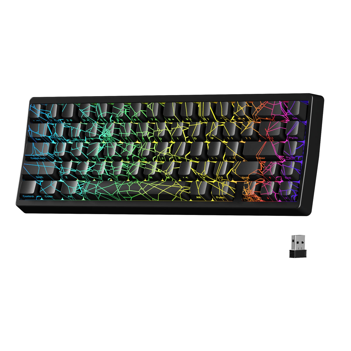 A black mechanical keyboard with colorful glowing circuitry patterns on the keycaps and PCB.