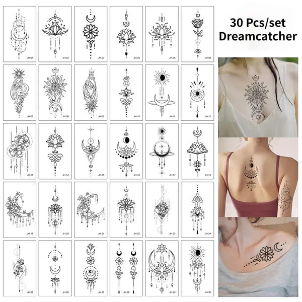 A grid of 30 multi-design temporary tattoo stickers featuring various floral and decorative patterns.