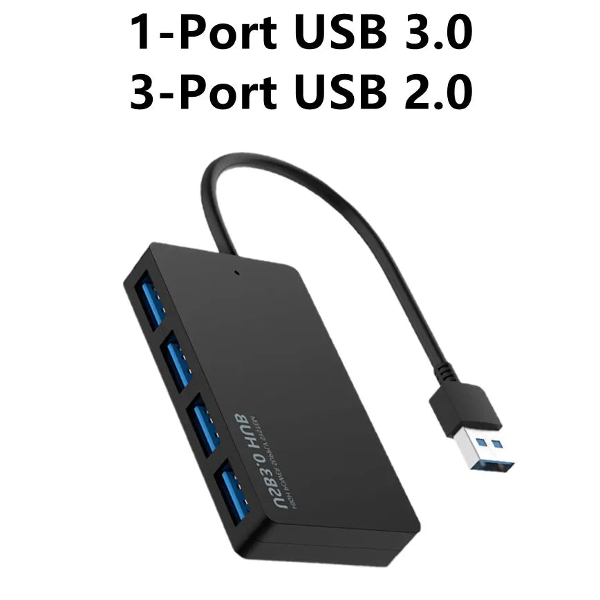 A black 3-port USB hub adapter with a cable, used for connecting devices.