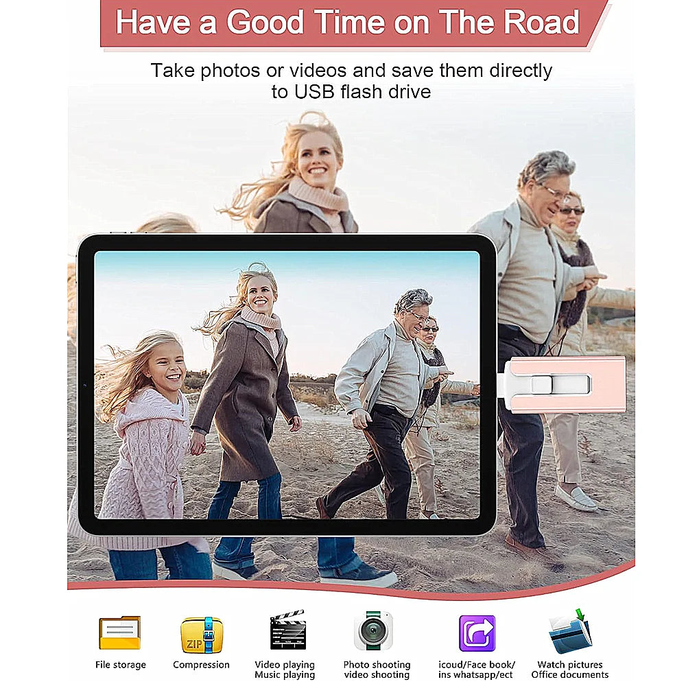 A woman taking photos of a child and another person on the road with a USB flash drive.