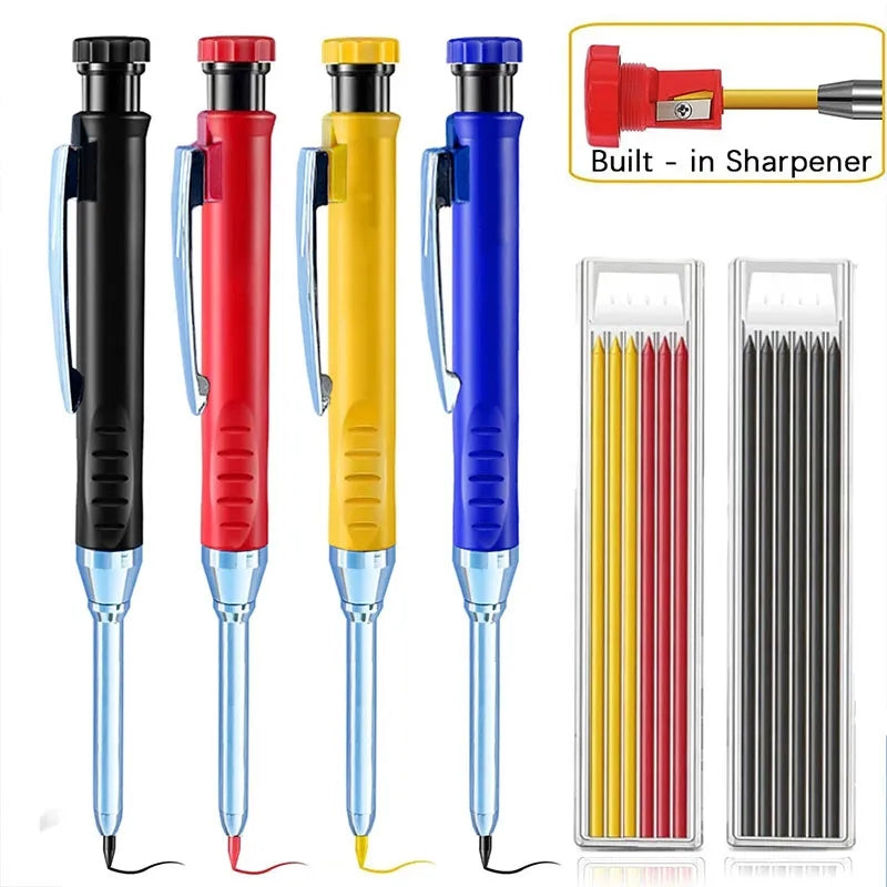 A set of two carpenter mechanical pencils in black, red, and yellow with built-in sharpeners.