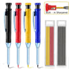 A set of two carpenter mechanical pencils in black, red, and yellow, complete with a built-in sharpener.