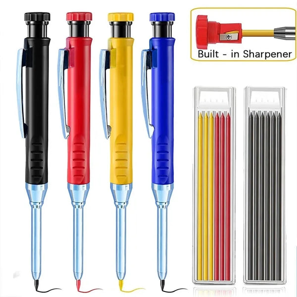 A set of two carpenter mechanical pencils in black, red, and yellow, complete with a built-in sharpener.