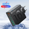 A black high-speed multi-port charging adapter with 150W fast charging capability shown against a snowy background.