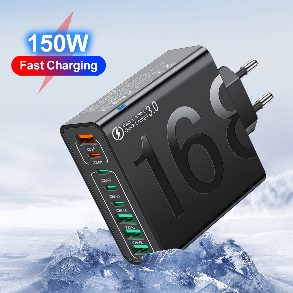 A black high-speed multi-port charging adapter with 150W fast charging capability shown against a snowy background.