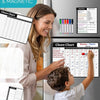 A magnetic chore chart dry erase whiteboard set is shown with a mother and son interacting with the charts.