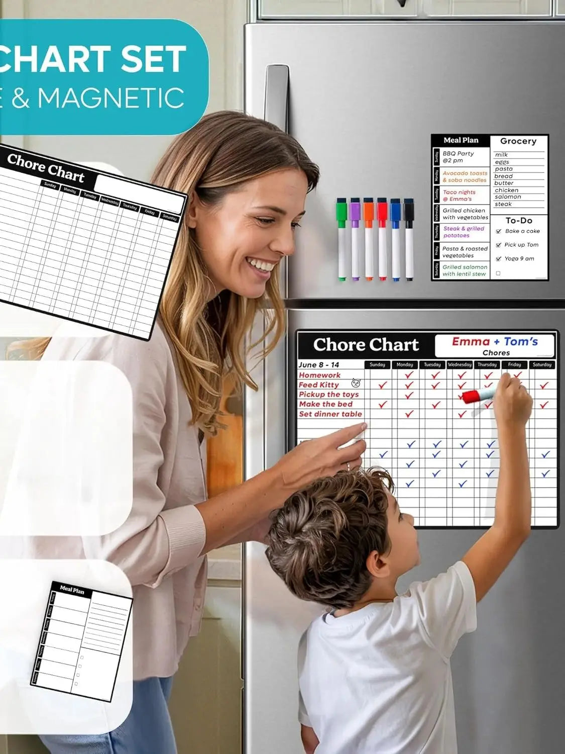 A magnetic chore chart dry erase whiteboard set is shown with a mother and son interacting with the charts.