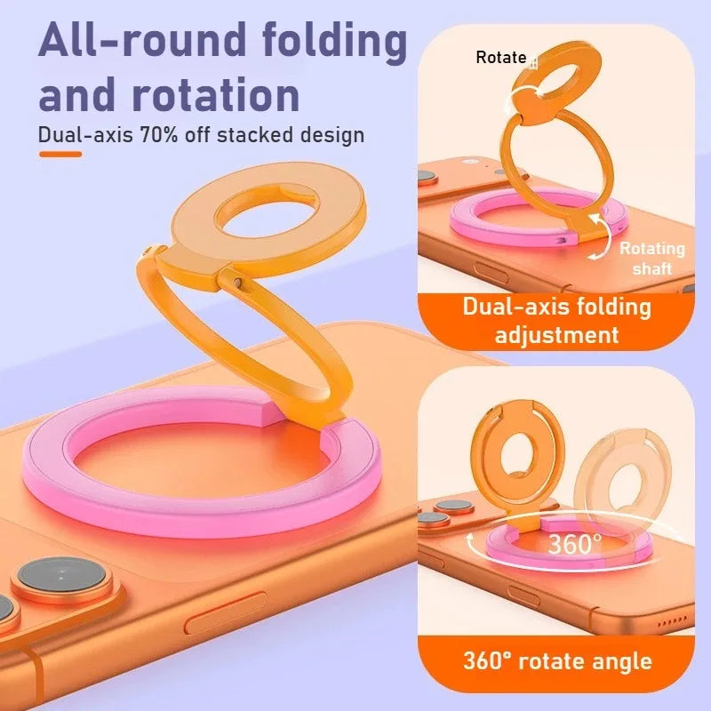 Orange magnetic ring grip with folding and rotation features shown on a phone.