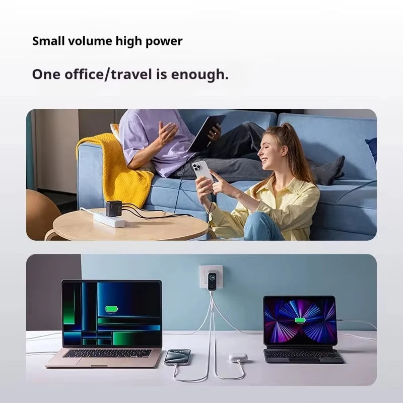 A laptop is shown on a desk next to a small white charger and cable, with a person relaxing on a sofa in the background.