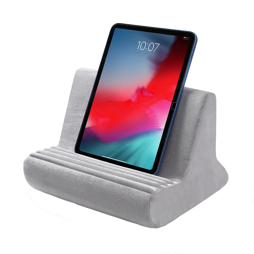 A gray multi-angle adjustable holder for a smartphone displaying the time 10:07.