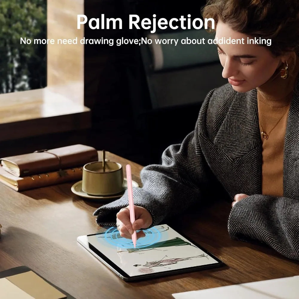 A woman is using a precision stylus pen on an iPad, demonstrating palm rejection technology.