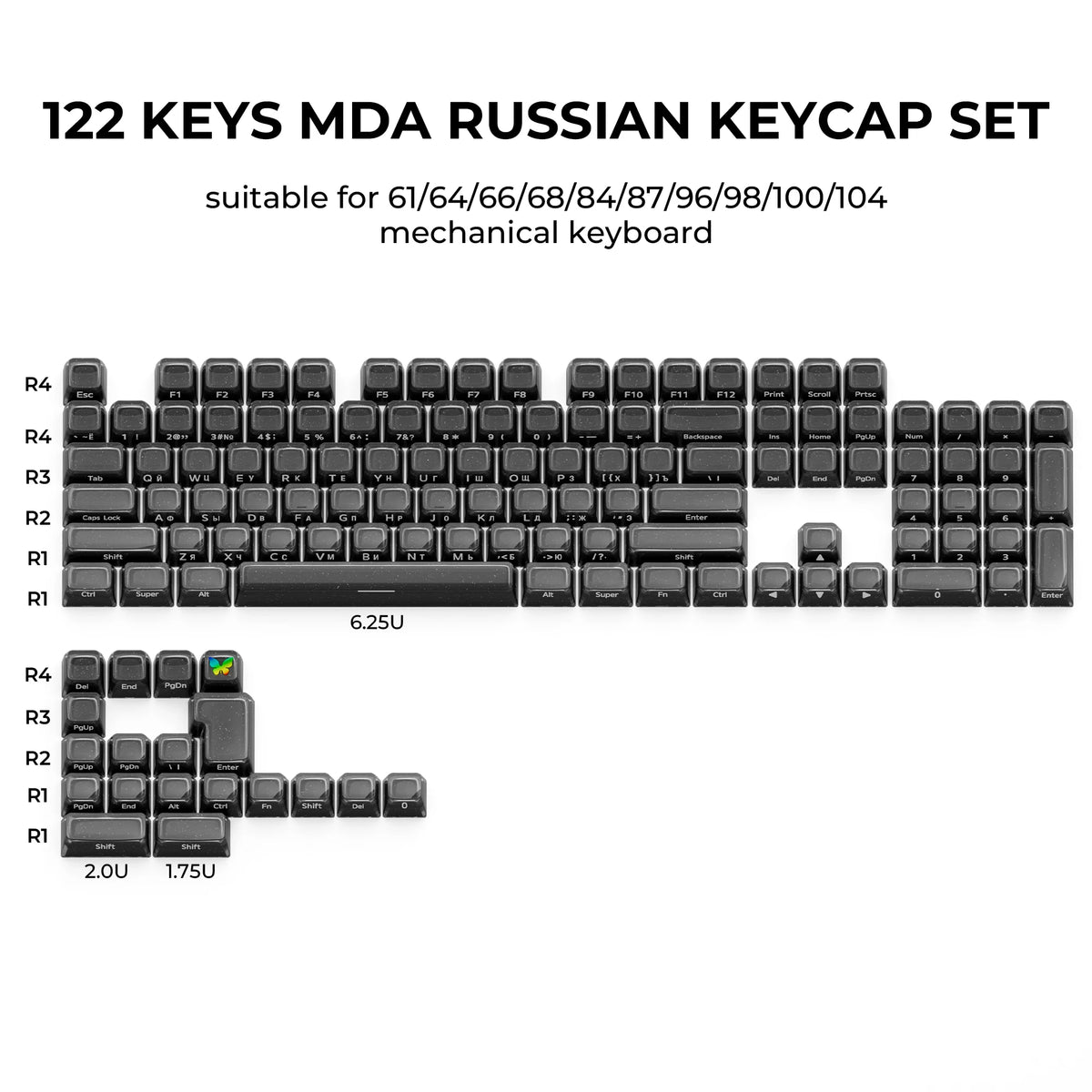 A set of 122 keys for a mechanical keyboard, featuring various profile keycaps in translucent colors.