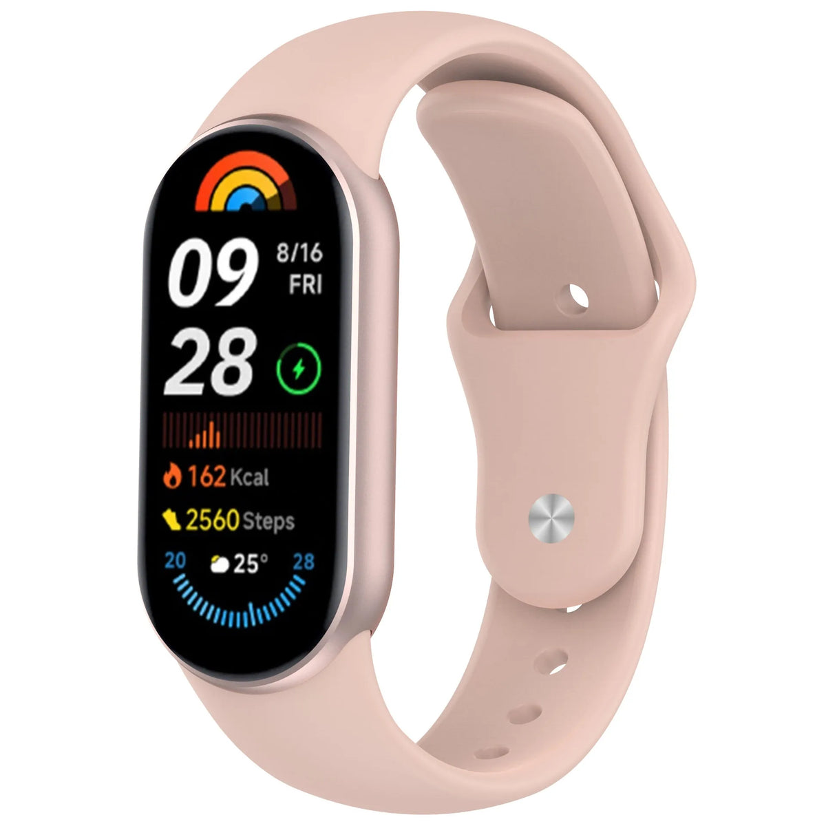A pink silicone replacement strap for a smartwatch showing a digital display with time and activity metrics.