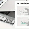 An adjustable aluminum laptop stand is shown next to a silver laptop, demonstrating its improved comfort for use.
