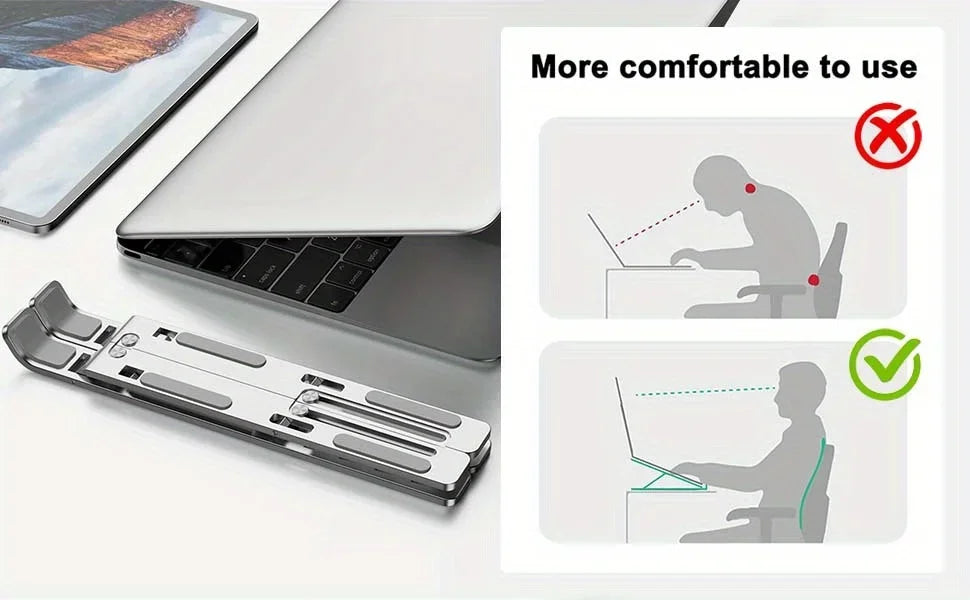 An adjustable aluminum laptop stand is shown next to a silver laptop, demonstrating its improved comfort for use.