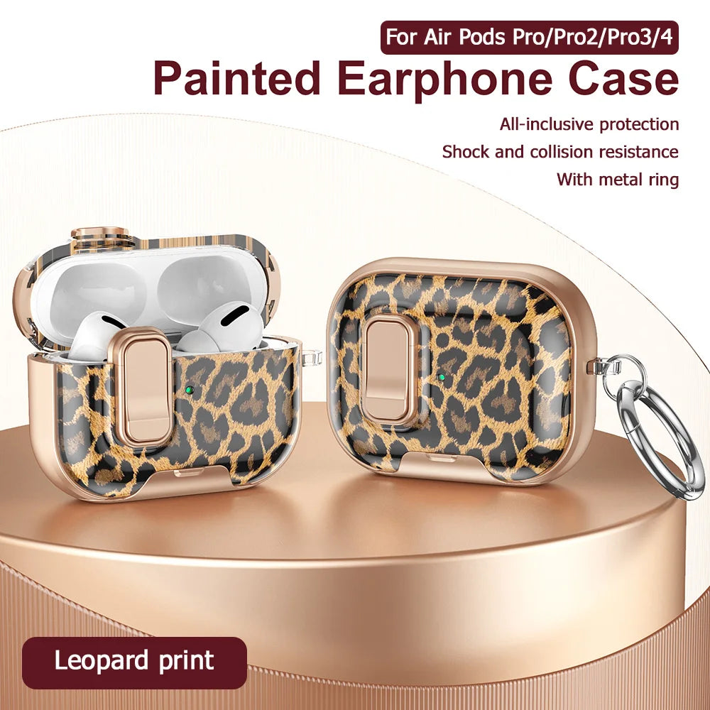 Estuche duro de silicona con estampado de leopardo pintado para AirPods Pro, mostrado con un anillo metálico.