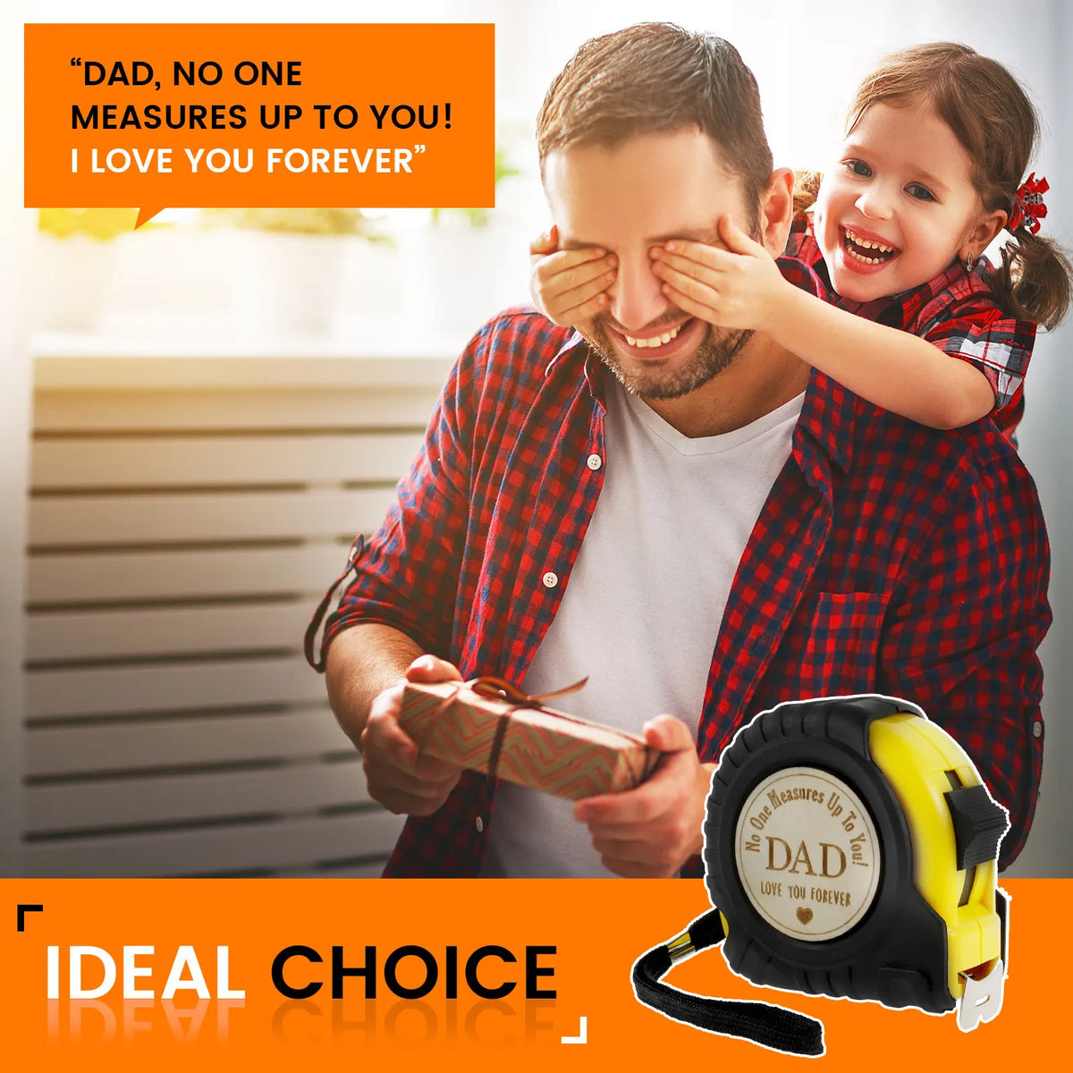 A man is lovingly covering a woman's eyes with a yellow measuring tape, suggesting a romantic gift.
