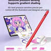 Roter Stiftspitzen-Stylus neben einem Tablet mit Illustrationen, der seine druckempfindlichen Funktionen hervorhebt.