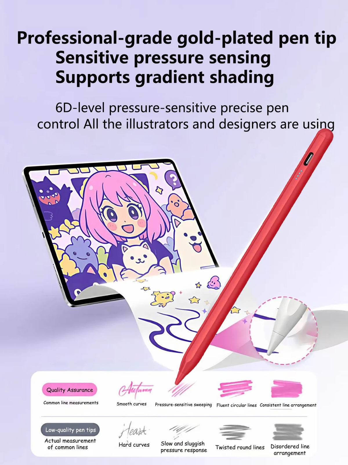 Roter Stiftspitzen-Stylus neben einem Tablet mit Illustrationen, der seine druckempfindlichen Funktionen hervorhebt.