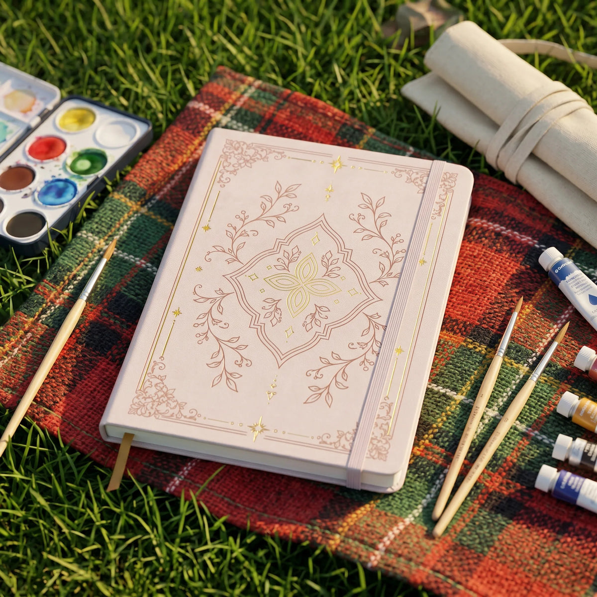 A white A5 dot grid notebook with a gold foil botanical cover rests on a plaid fabric surrounded by art supplies.