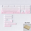 Paquete de keycaps PBT cyan degradado doble disparo con retroiluminación RGB, dispuesto sobre una superficie blanca.